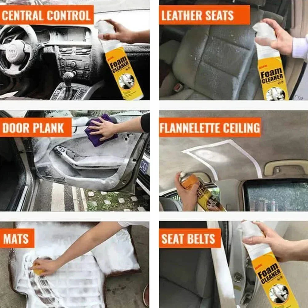 HighPeak FoamBlitz Cleaner spraying foam on car interior surfaces including leather seats, mats, and ceiling for deep cleaning.
