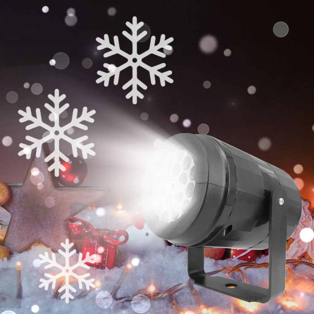 HighPeak FrostBeam Projector projecting rotating snowflakes indoors on holiday decor with black weatherproof housing