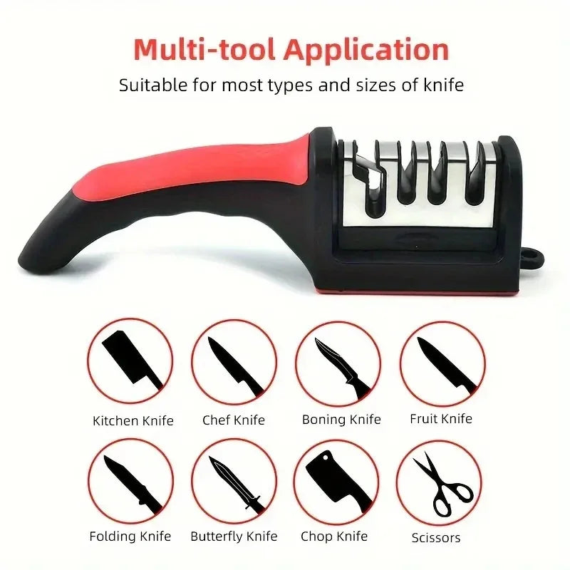 HighPeak Knife Sharpener with red and black handle, multi-stage slots, suitable for knives and scissors sharpening