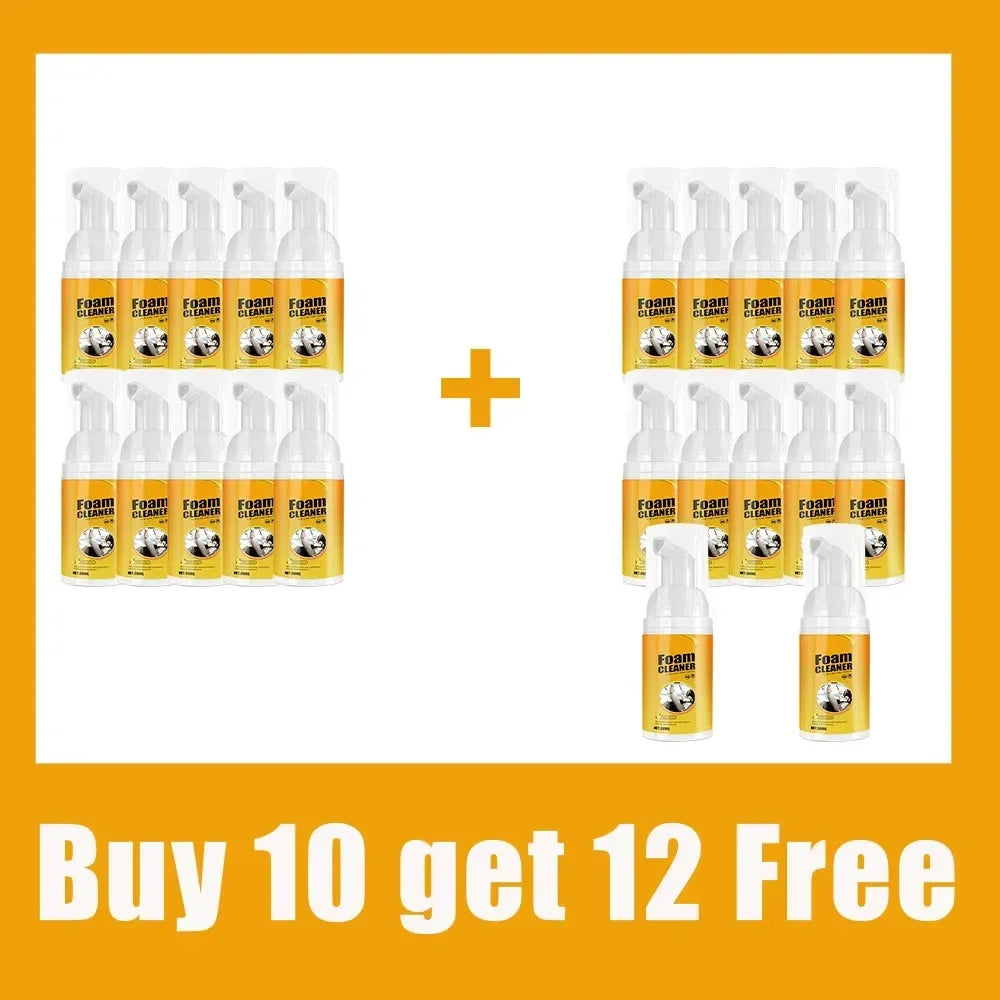 HighPeak FoamBlitz Cleaner yellow spray bottles arranged in bundle offer with buy 10 get 12 free promotion on white background