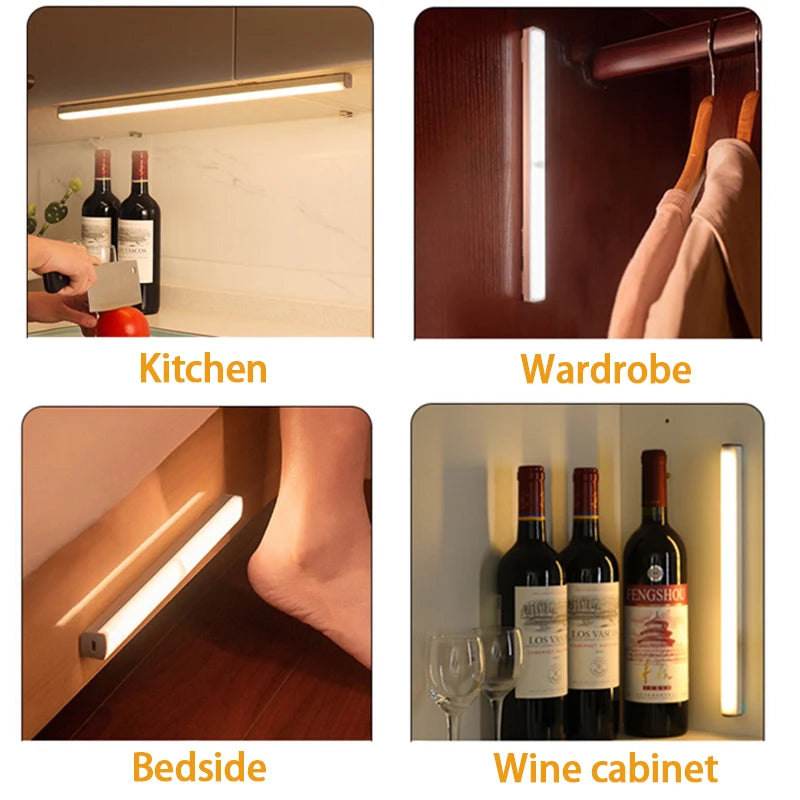 HighPeak Motion Sensor Light glowing warm in kitchen, wardrobe, bedside, and wine cabinet for hands-free LED lighting.