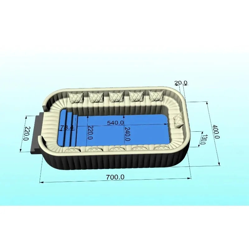 HighPeak Inflatable Sofa Pool in beige and black with built-in seating and dimensions for backyard lounging and swimming.