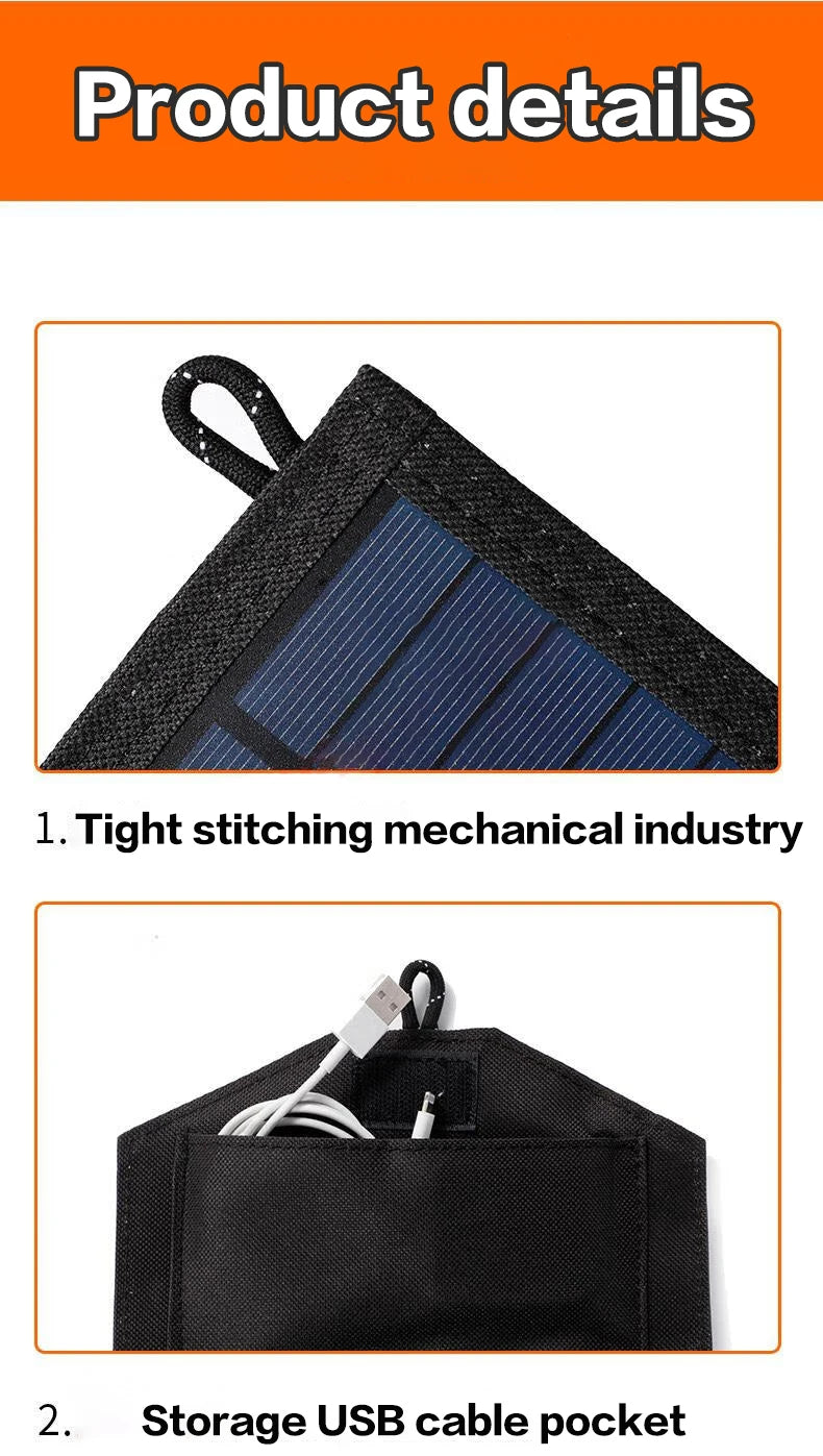 SunVolt Solar Panel close-up showing black fabric with tight stitching and USB cable storage pocket by HighPeak