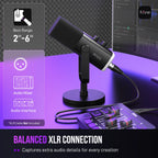 Arcwave Mic in black with foam pop filter on stand, connected via XLR to audio mixer for studio-quality sound – HighPeak setup