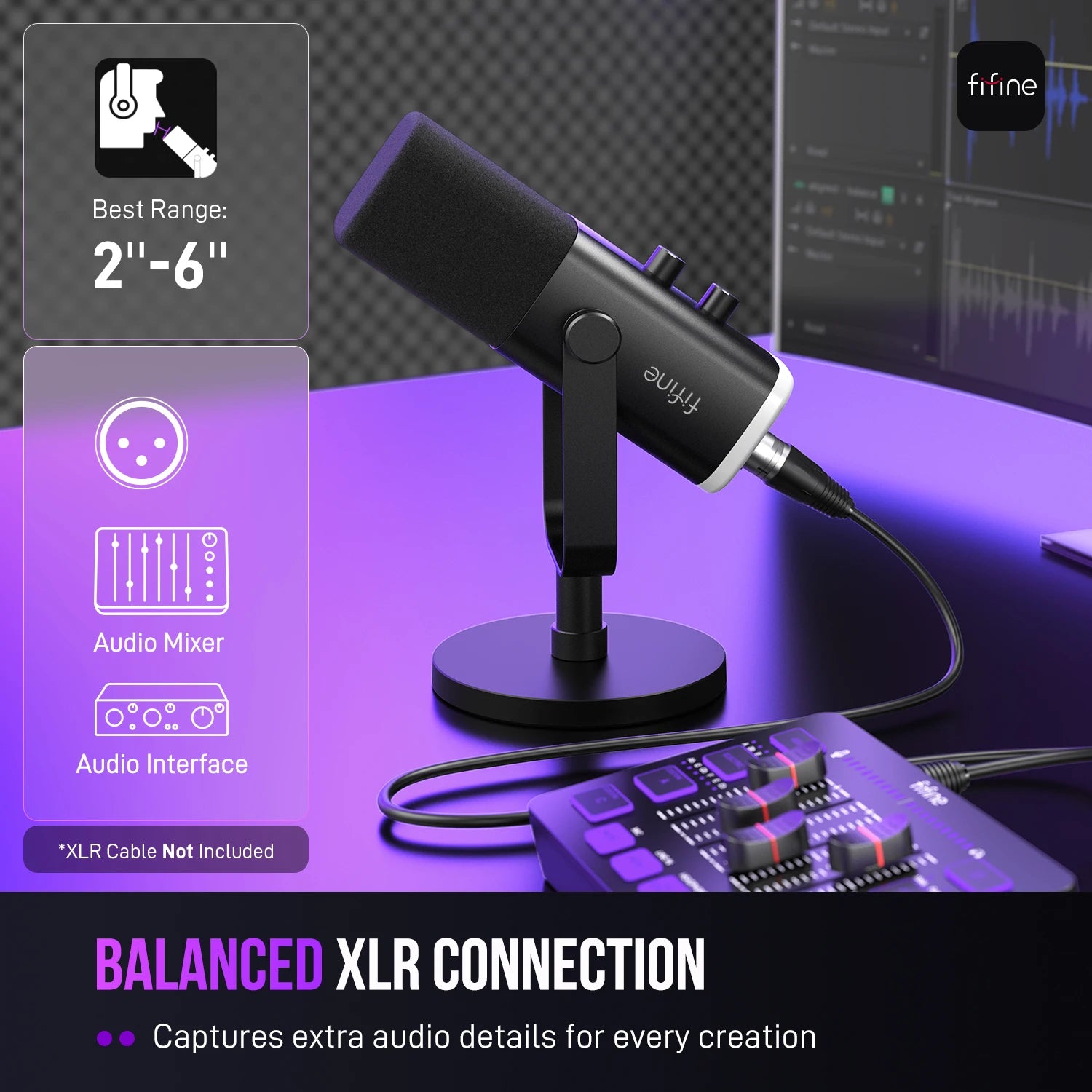 Arcwave Mic in black with foam pop filter on stand, connected via XLR to audio mixer for studio-quality sound – HighPeak setup