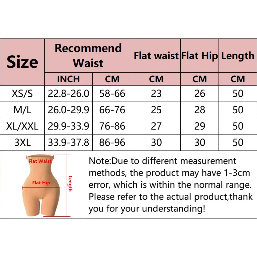 HighPeak High Waist Compression Shorts size chart showing waist, hip, and length measurements with flat waist and hip details.