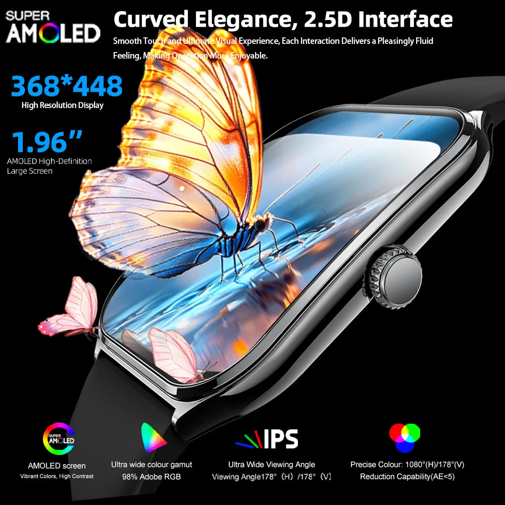 CoreOne Smart Watch by HighPeak with 1.96" AMOLED curved display, ultra-thin silver frame, showing vibrant butterfly visuals