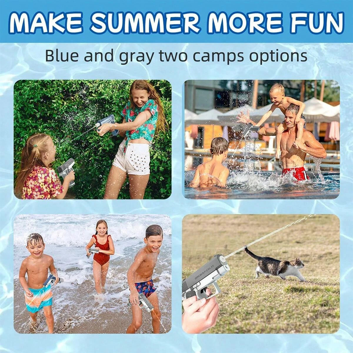 Dual Water Pistols Set by HighPeak shown in use at pool, beach, and backyard with kids and adults playing and splashing water.