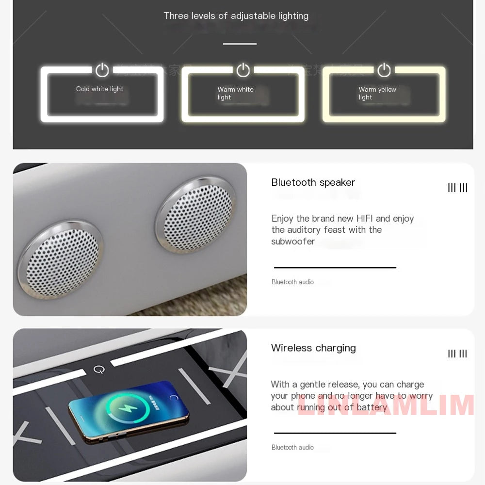 HighPeak Modern Tech Sofa in gray with built-in Bluetooth speakers and wireless charging on the armrest.