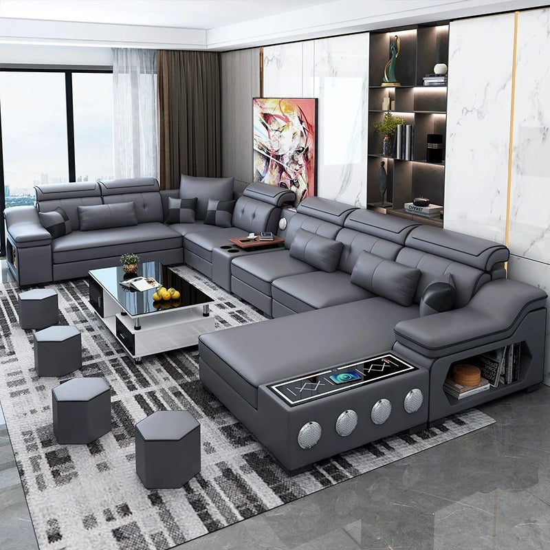 HighPeak Modern Tech Sofa in gray with built-in Bluetooth speakers, USB charging, modular chaise, and storage in sleek living room.
