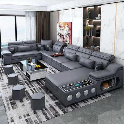 HighPeak Modern Tech Sofa in gray with built-in Bluetooth speakers, USB charging, modular chaise, and storage in sleek living room.
