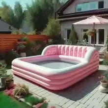 HighPeak Inflatable Sofa Pool in pink set up on patio with plush seating and spacious swim area for outdoor lounging.