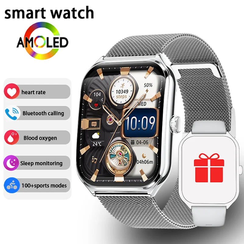 CoreOne Smart Watch by HighPeak with silver mesh band, 1.96" AMOLED display showing fitness and call features.