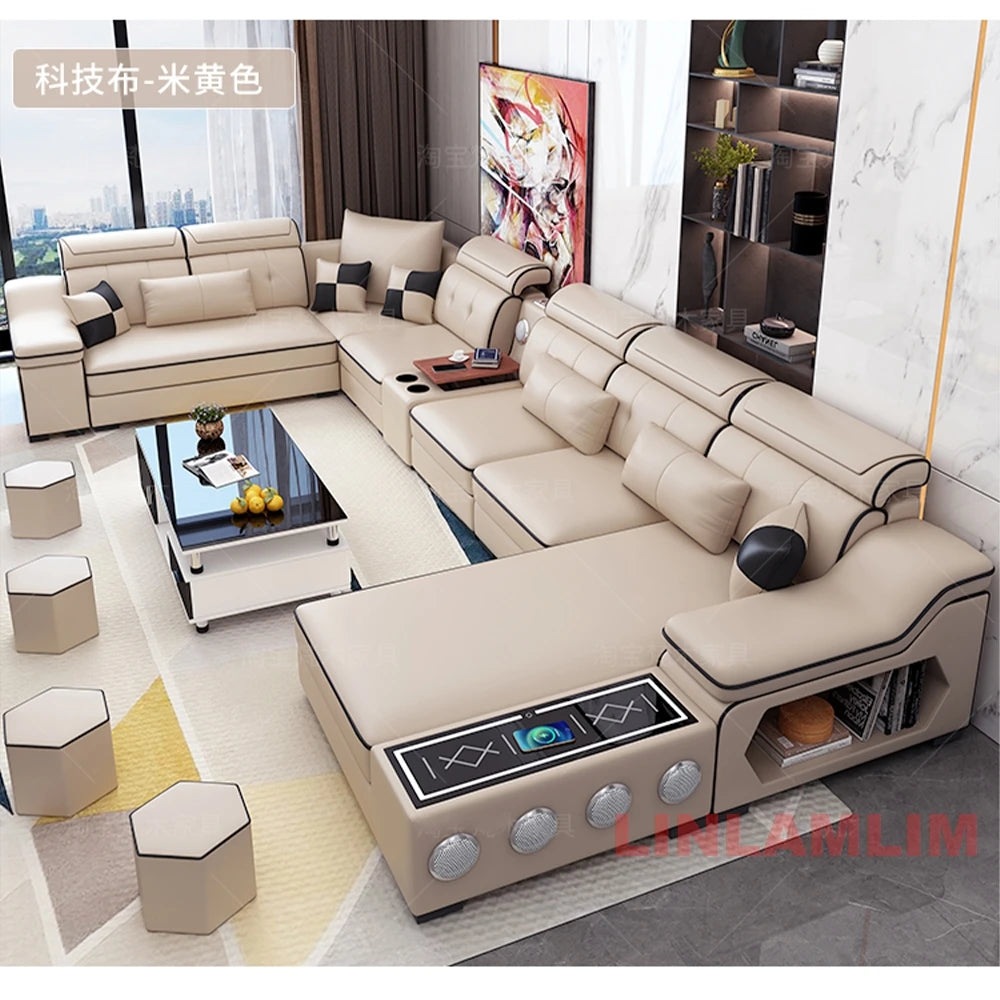 HighPeak Modern Tech Sofa in beige with Bluetooth speakers, USB charging, storage compartments, and spacious chaise in living room