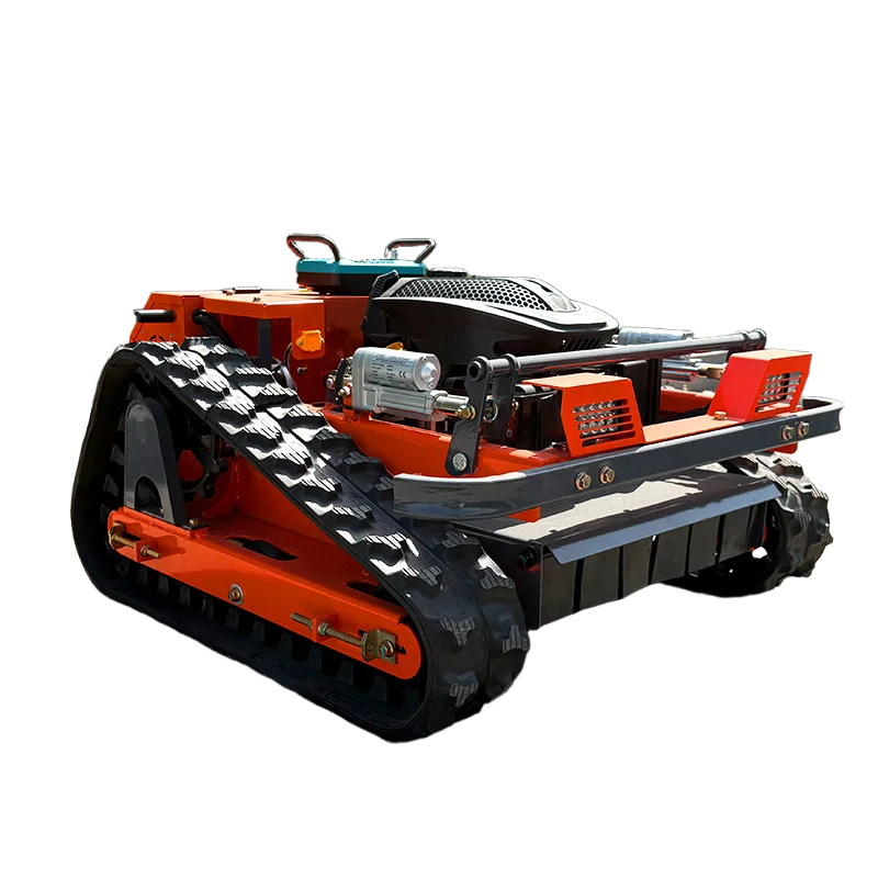 HighPeak Self-Driving Lawn Mower in orange with tracked crawler wheels, gas-powered motor, built for rough terrain and hills.