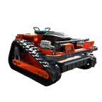 HighPeak Self-Driving Lawn Mower in orange with tracked crawler wheels, gas-powered motor, built for rough terrain and hills.