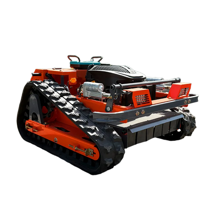 HighPeak Self-Driving Lawn Mower in orange with tracked crawler wheels, gas-powered motor, built for rough terrain and hills.