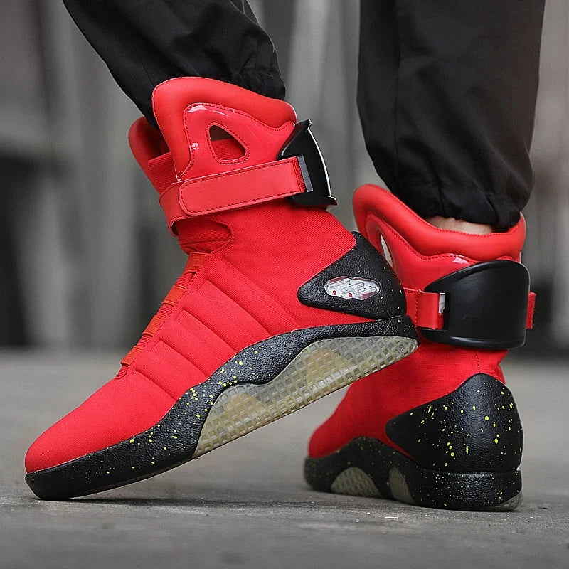 NeoVolt Sneakers in red with black speckled sole and adjustable ankle strap, showcasing futuristic streetwear style by HighPeak