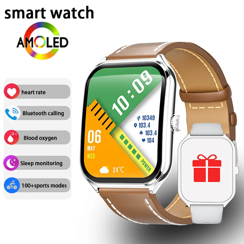 CoreOne Smart Watch with brown leather strap and AMOLED display showing time, fitness stats, and health features by HighPeak