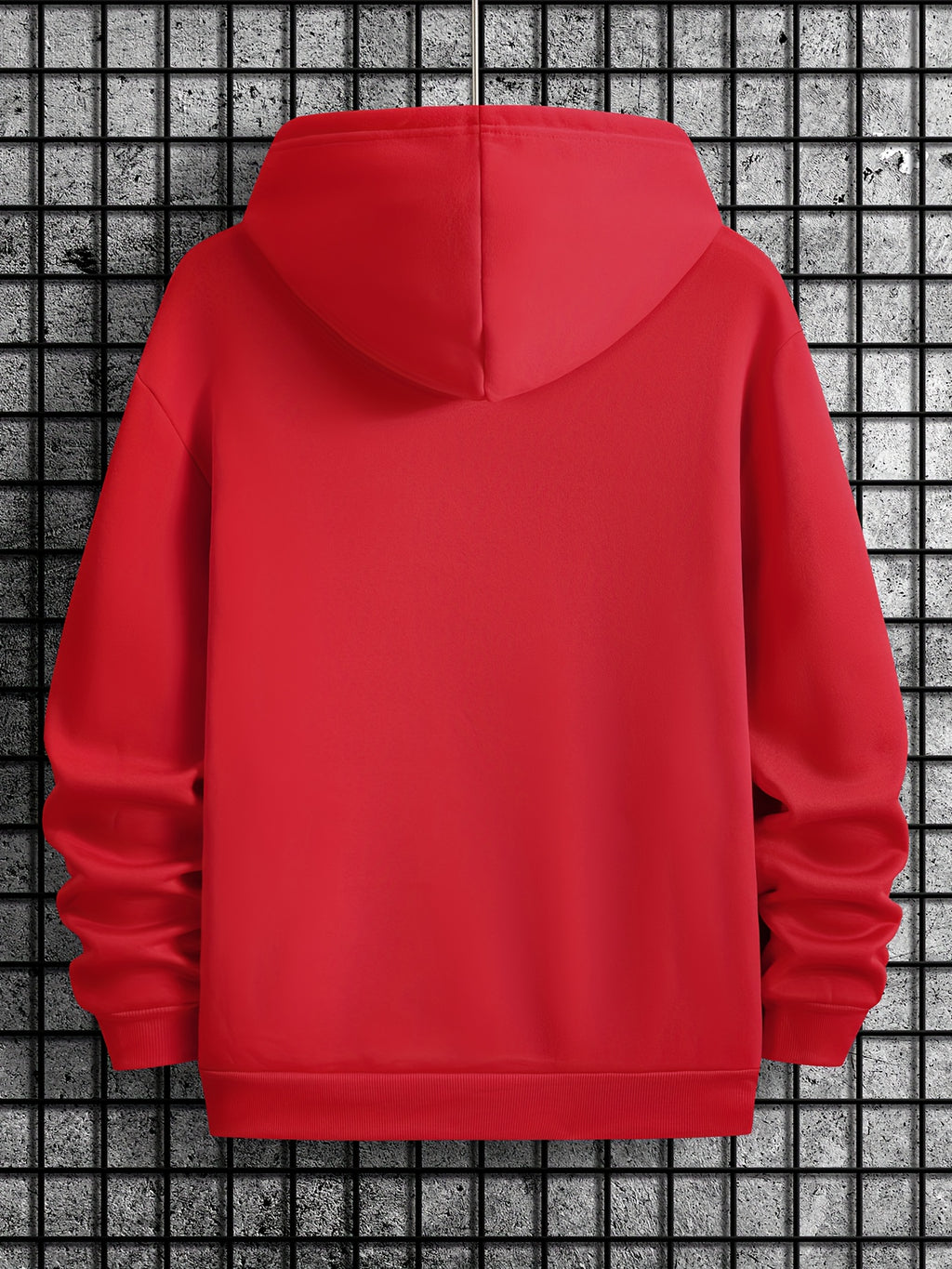 SHH No One Cares hoodie in vibrant red, back view showing clean design and hooded neckline on grid background