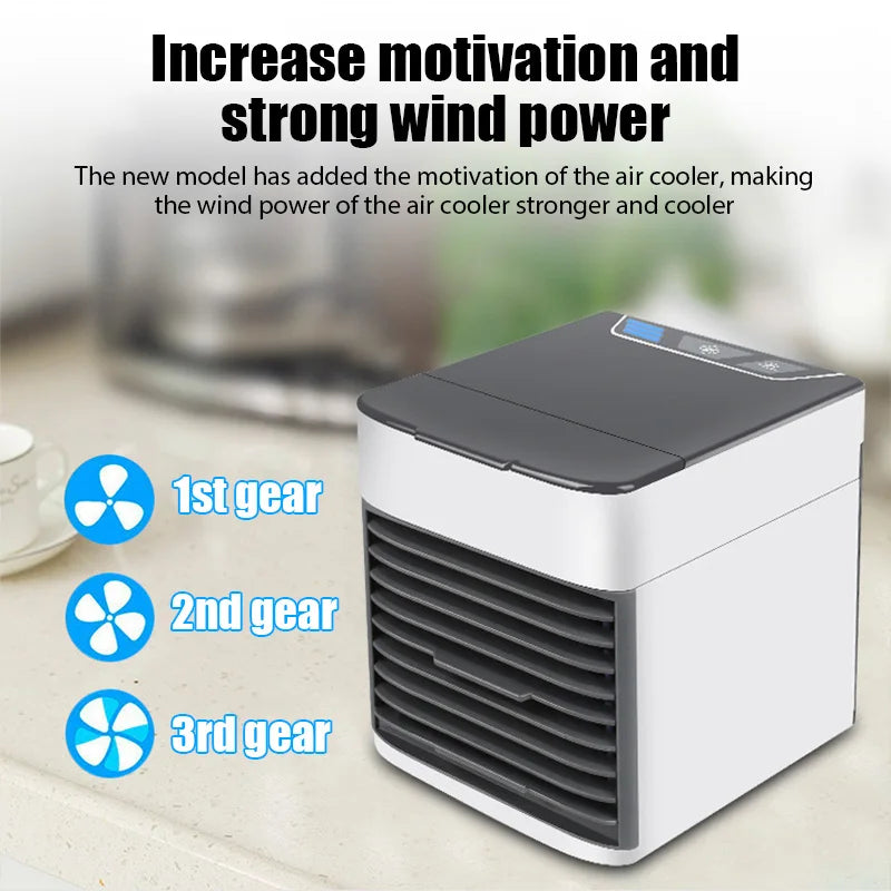 HighPeak Portable AC Unit in white and gray on a kitchen counter showing adjustable fan speed settings