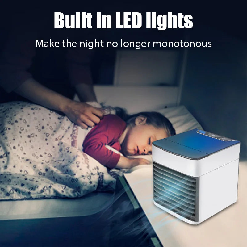 HighPeak Portable AC Unit in white with built-in LED lights cooling a child sleeping peacefully at night on a bedside table