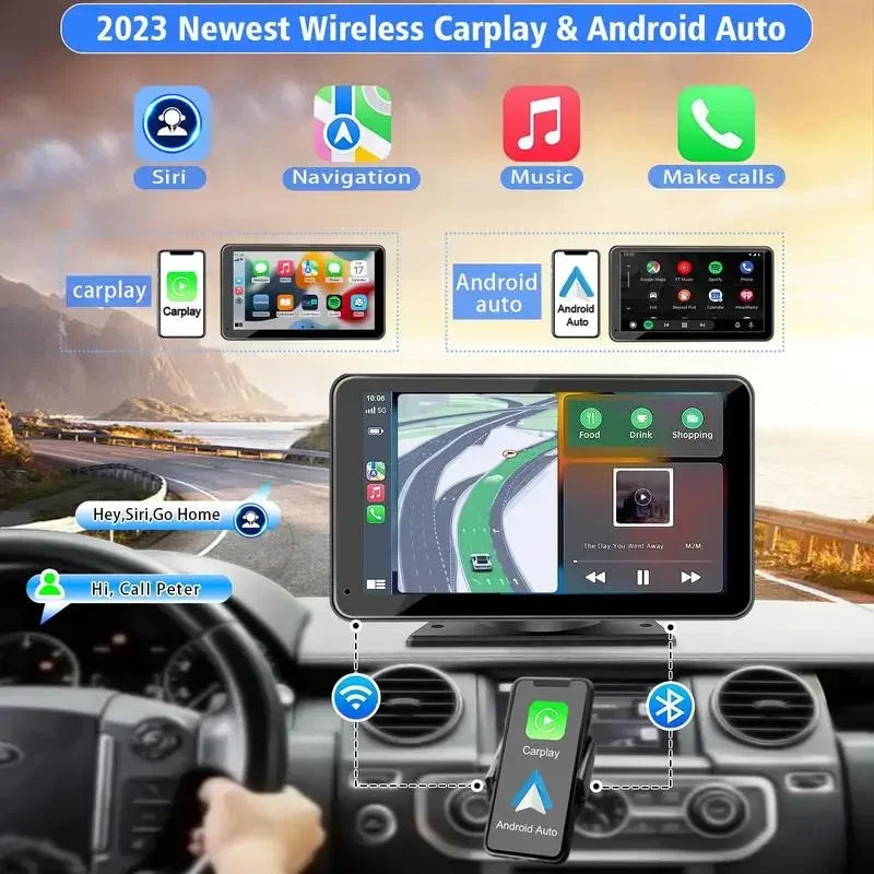 HighPeak Drive X 2.0 7” smart touchscreen in car dashboard showing wireless CarPlay and Android Auto features