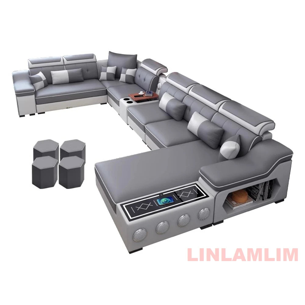 HighPeak Modern Tech Sofa in gray with built-in Bluetooth speakers, USB charging, spacious chaise, and hidden storage compartments