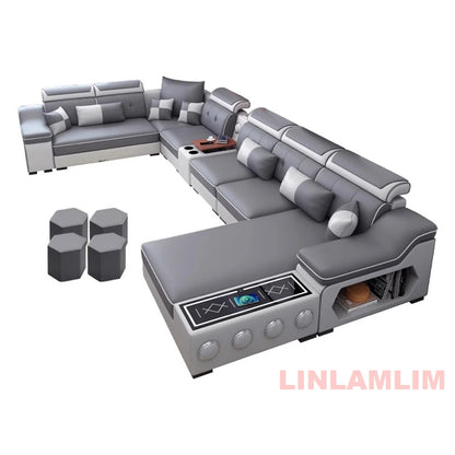 HighPeak Modern Tech Sofa in gray with built-in Bluetooth speakers, USB charging, spacious chaise, and hidden storage compartments