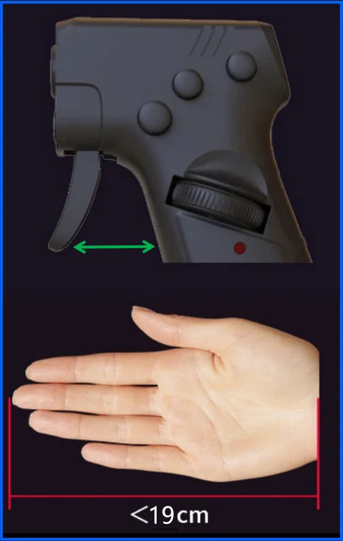 HighPeak RecoilMouse black gun-style gaming mouse trigger size compared to hand under 19cm for FPS control