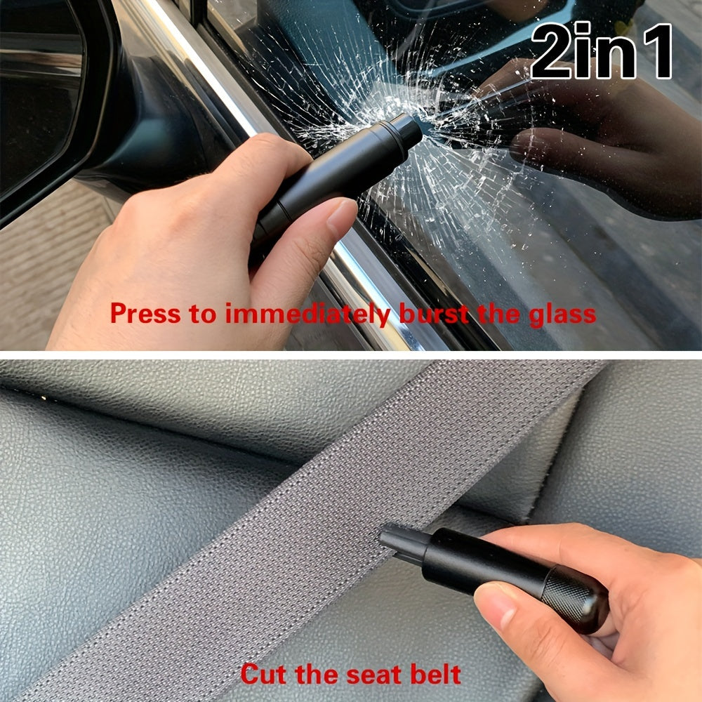SafeStrike emergency car escape tool demonstrating window breaking and seatbelt cutting features in black aluminum design