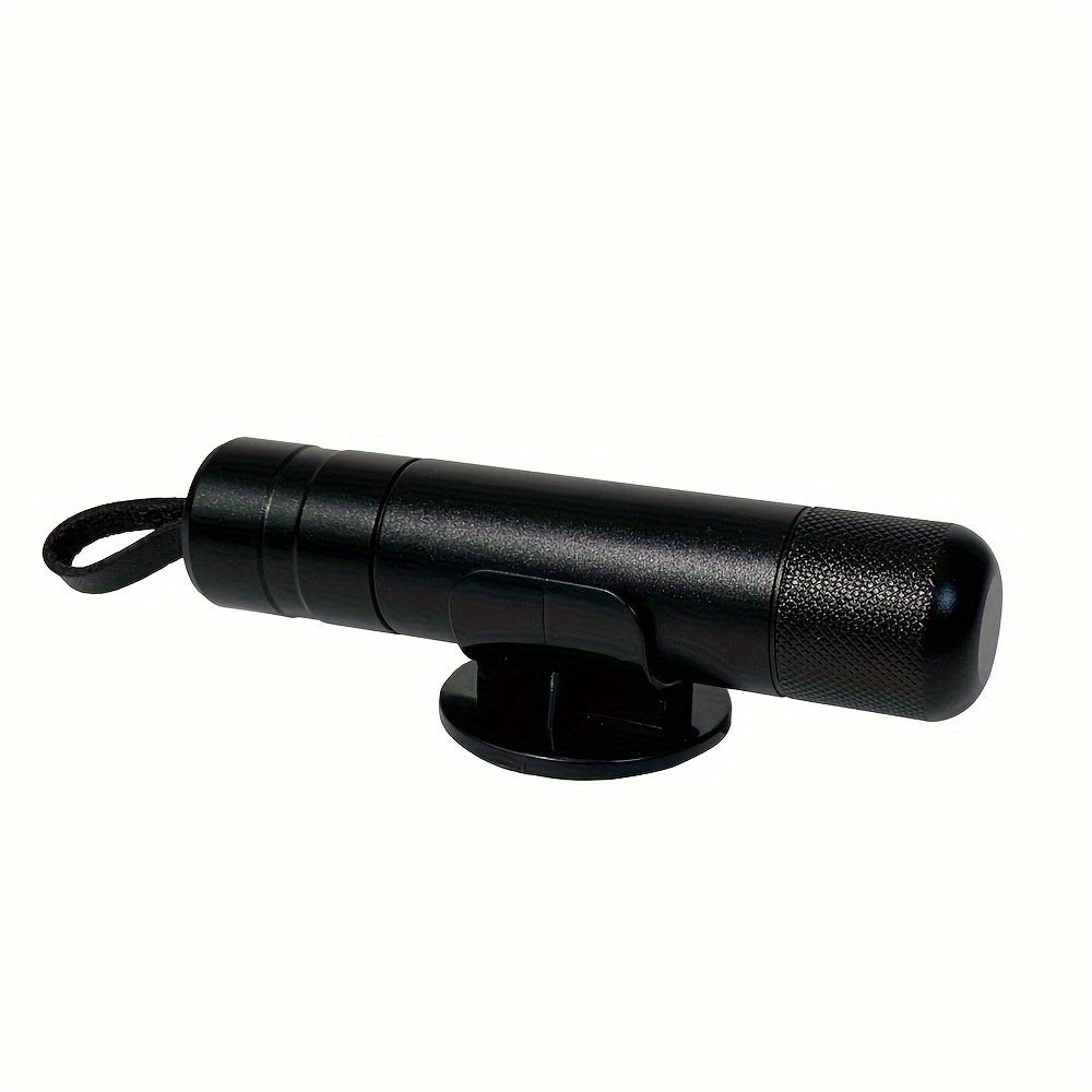 SafeStrike emergency car escape tool in black aluminum with textured grip and mounting base shown on white background