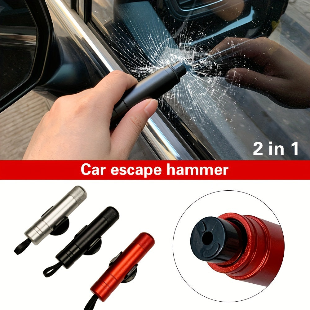 SafeStrike emergency car escape tool in black and red aluminum, demonstrating glass-breaking action with shattered window effect