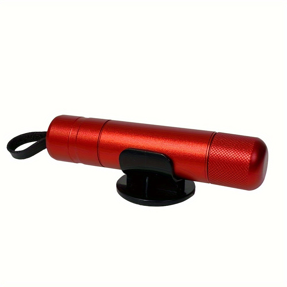 SafeStrike emergency car escape tool in metallic red with black mounting base and wrist strap - compact safety device