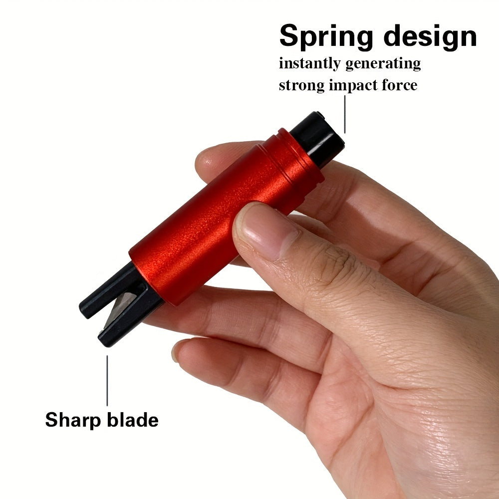 SafeStrike emergency car escape tool in red aluminum with spring-loaded glass breaker and safety blade - compact design