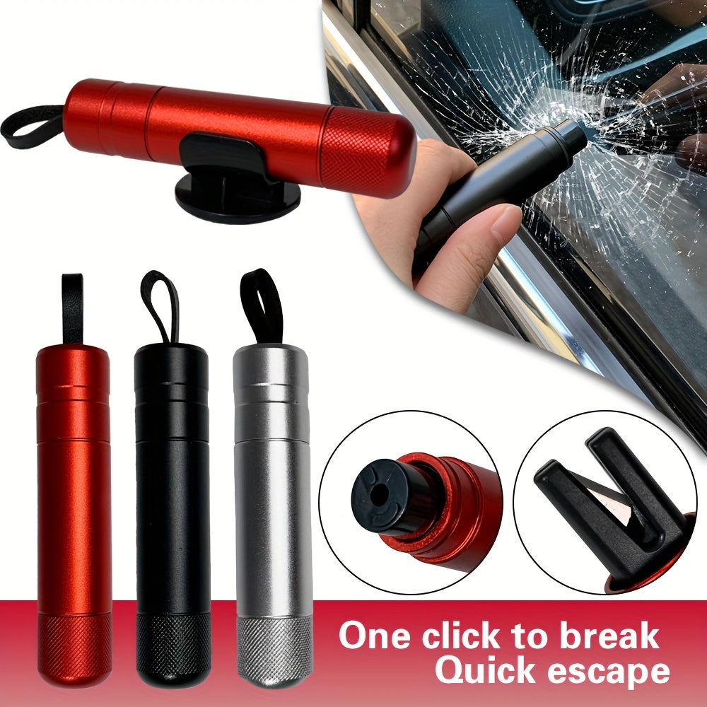 SafeStrike emergency car escape tool in red aluminum with window breaker tip and seatbelt cutter shown breaking glass