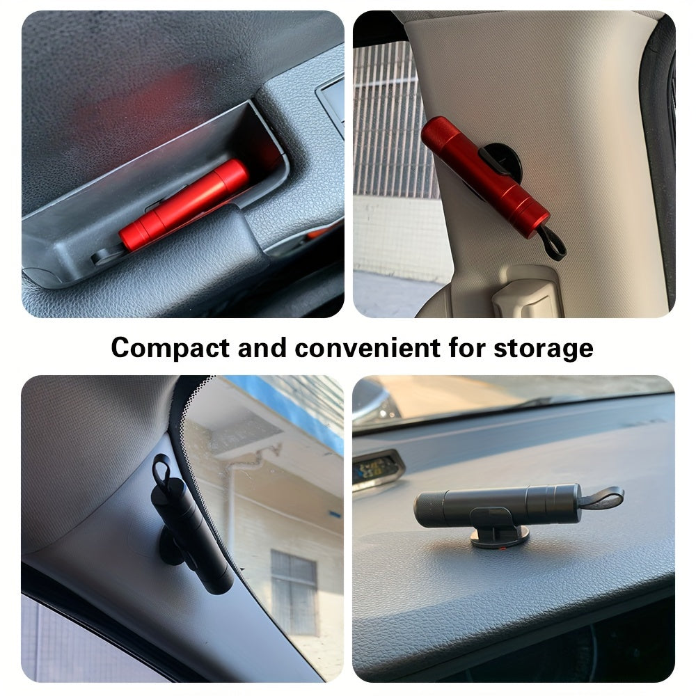 SafeStrike emergency car escape tool shown mounted in various car locations - red aluminum design for quick access and storage