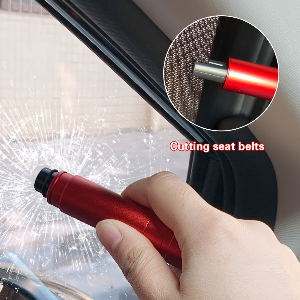 SafeStrike emergency car tool in red aluminum demonstrating window breaking and seatbelt cutting features on car interior