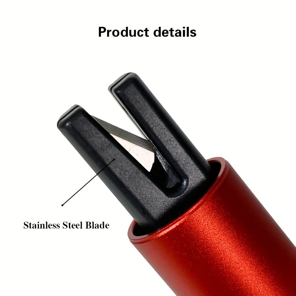 SafeStrike emergency tool in red aluminum featuring stainless steel blade seatbelt cutter - car safety escape device close-up