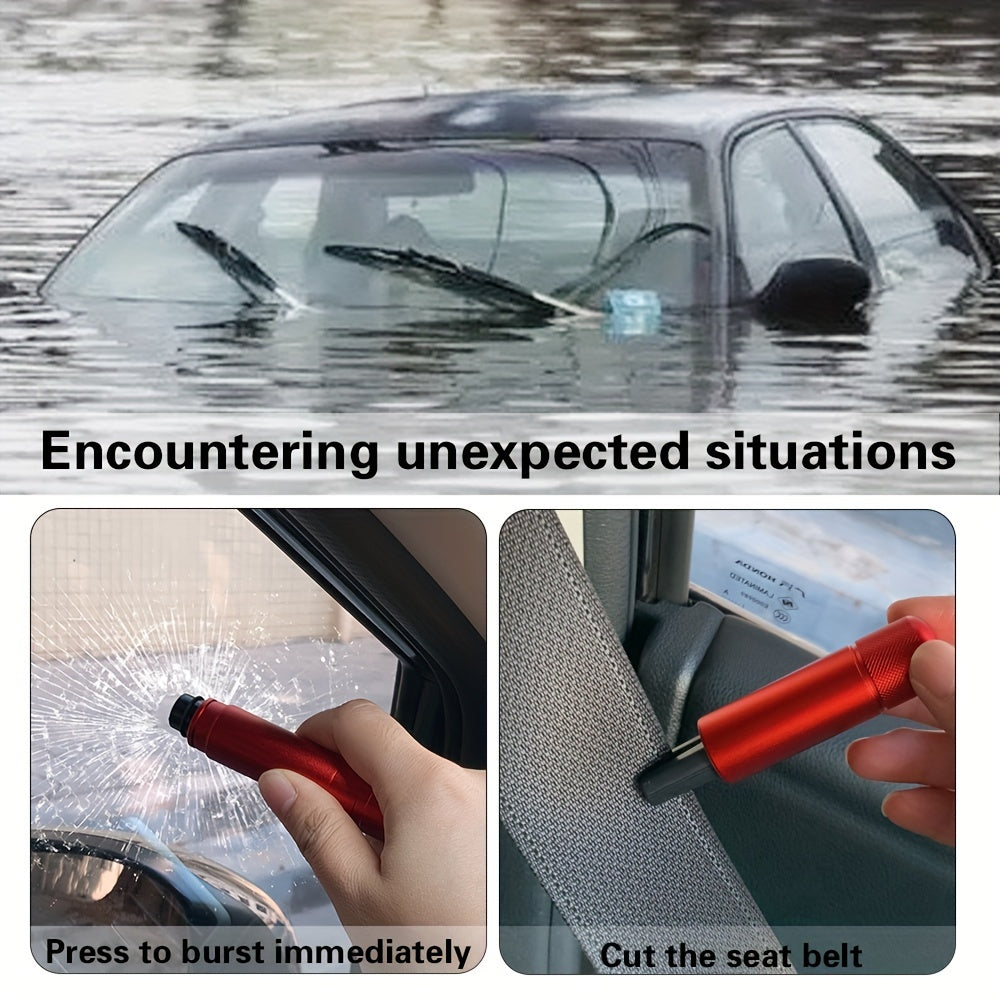 SafeStrike emergency tool shown breaking car window and cutting seatbelt in red aluminum design for vehicle safety escape