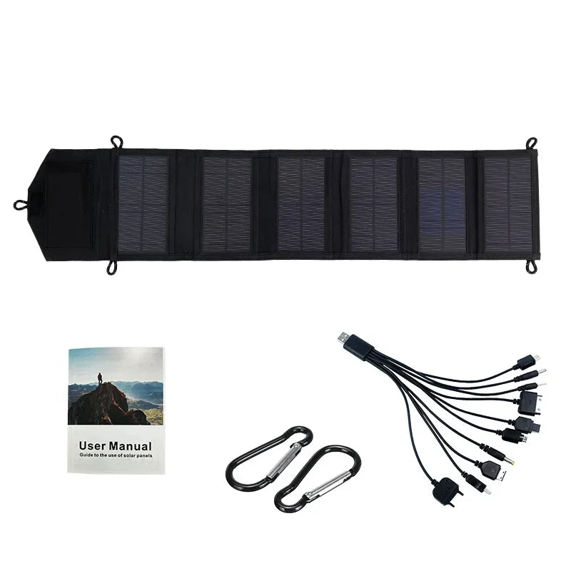 SunVolt Solar Panel by HighPeak unfolded black 6-fold solar charger with USB adapters, carabiners, and user manual
