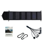 SunVolt Solar Panel by HighPeak unfolded black 6-fold solar charger with USB adapters, carabiners, and user manual