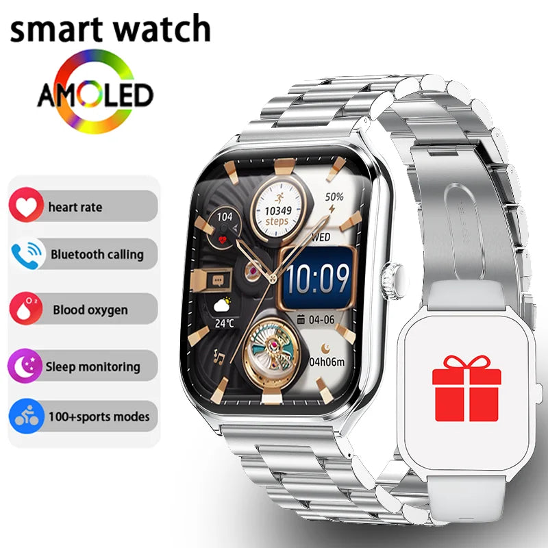 CoreOne Smart Watch in silver with AMOLED display showing health stats and step count, featuring Bluetooth calling and sleep monitoring