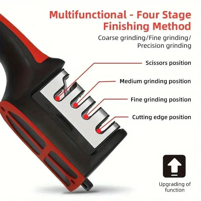 HighPeak Knife Sharpener in black and red with four-stage grinding slots including scissors and cutting edge positions