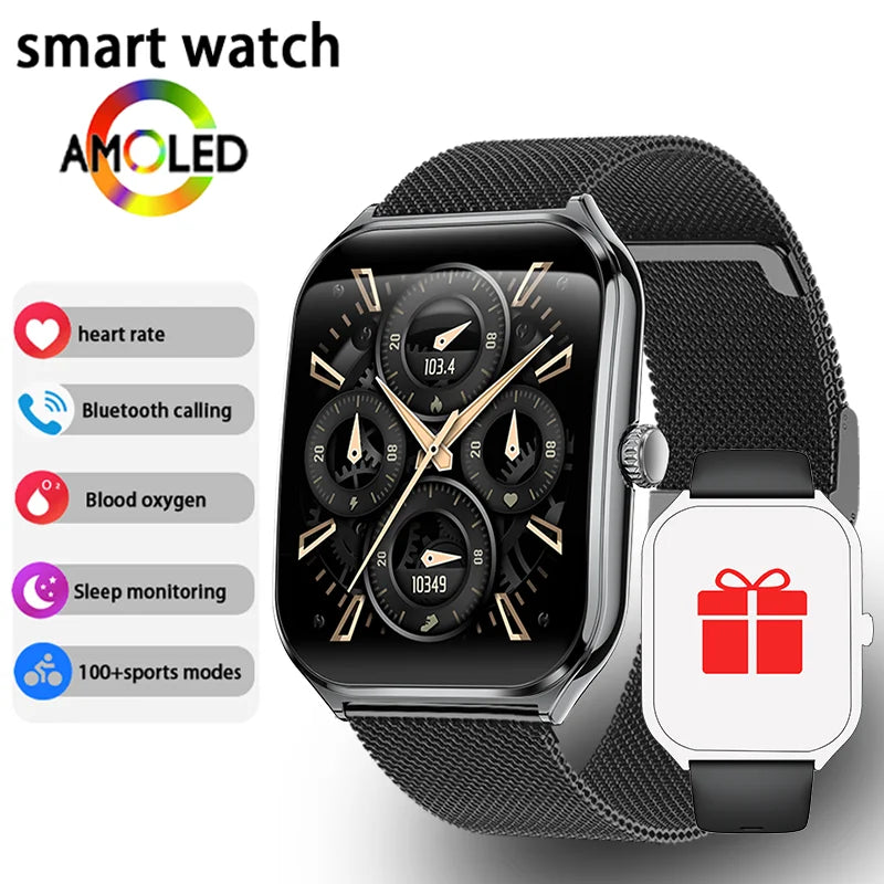 CoreOne Smart Watch in black with AMOLED display showing multi-dial interface, heart rate, sleep, and Bluetooth calling features by HighPeak