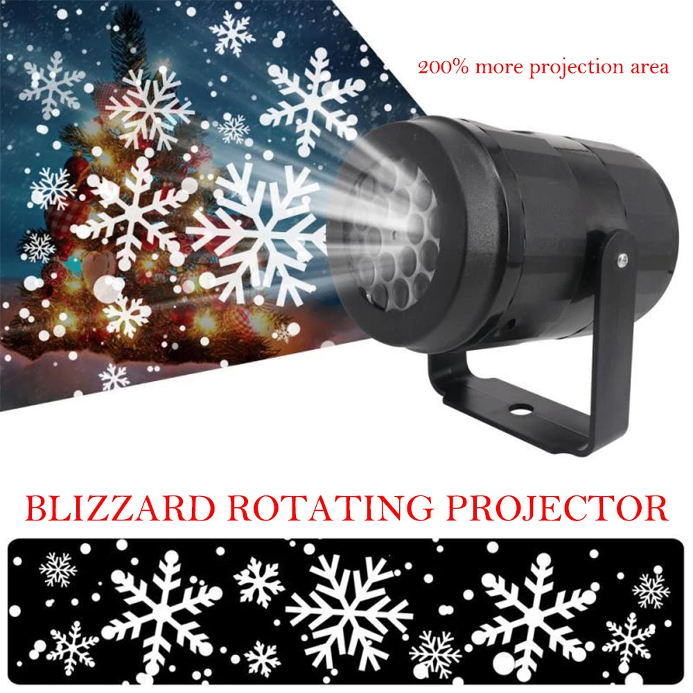 HighPeak FrostBeam Projector showing rotating snowflake patterns projecting onto a decorated Christmas tree outdoors