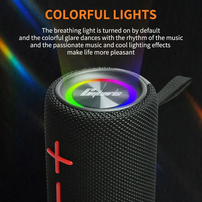 BoomSync - Magnetic 2-in-1 Bluetooth Speaker in black with colorful LED lights and fabric texture showing bass control buttons