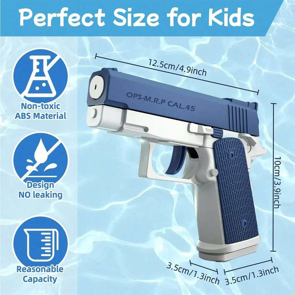 HighPeak Dual Water Pistols Set showing blue and white water gun with dimensions and kid-friendly non-toxic ABS material in a pool background