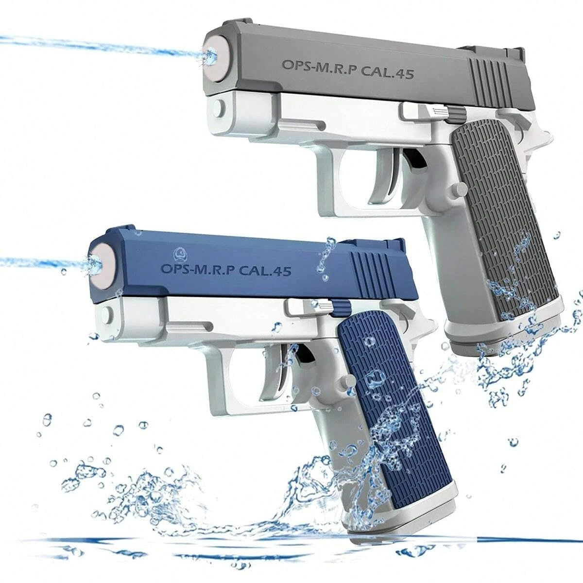 Dual Water Pistols Set by HighPeak in gray and blue firing long-range water streams with splash effects.