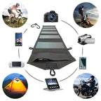 SunVolt Solar Panel unfolded black foldable charger with USB ports surrounded by devices and outdoor activities by HighPeak